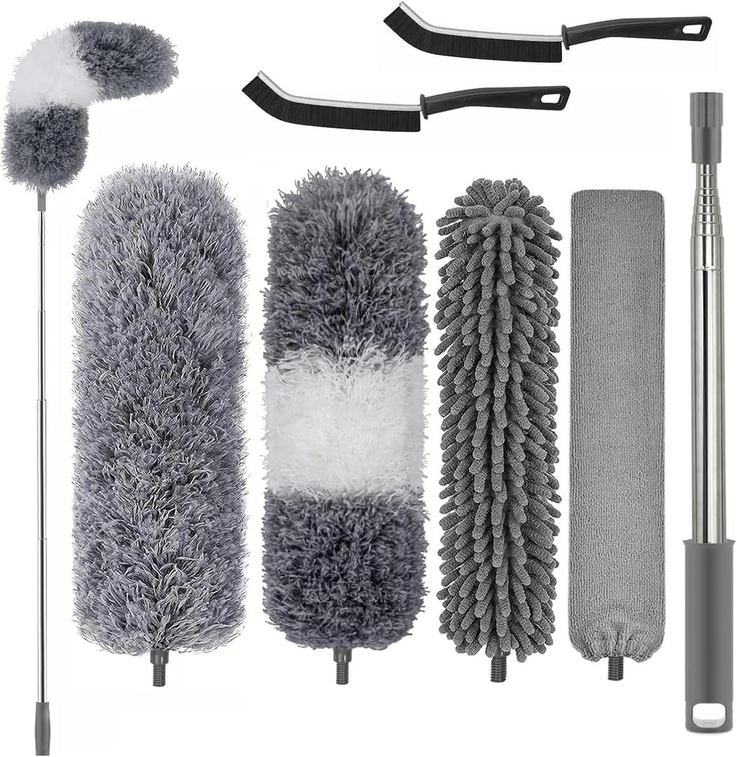 Professional Microfibre Dusters for Cleaning | Duster with Extension 100" | Cobweb Remover Duster Kit with 4 Washable Heads | Bendable Feather Duster for High Ceilings,Fans & Hard-to-Reach Areas,7PCS