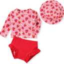 HINTINA Newborn Baby Girl Long Sleeve Swimsuit Two Piece Rash Guard Set Nb Strawberry Bathing Suit with Hat Swimming Beach Wear