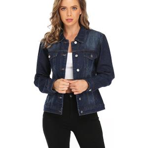 Dilgul Women's Denim Jacket Casual Long Sleeve Basic Button Down Denim Jean Jacket (XX-Large, Dark Blue)