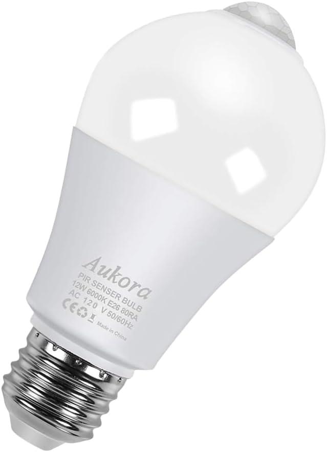 Motion Sensor Light Bulbs, Aukora 12W (100-Watt Equivalent) E26 Motion Activated Dusk to Dawn Security Light Bulb Outdoor/Indoor for Front Door Porch Garage Basement Hallway Closet(Cold White 1 Pack)