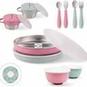 Elk and Friends Kids Stainless Steel Mealtime Bundle | Plates, Bowls, Snack Cups + Toddler Utensils | Silicone Suction Sleeves + Travel Storage Lids | For Meals + Snacks | Dishwasher Safe