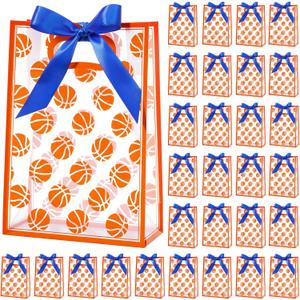 Resurhang 36 Pcs Basketball Clear Gift Bags with Handles and Ribbon, PP Basketball Goodie Bags, Clear Party Favor Bag for Team Party, Birthday, Sports Events, 10 x 7 x 3.15 in