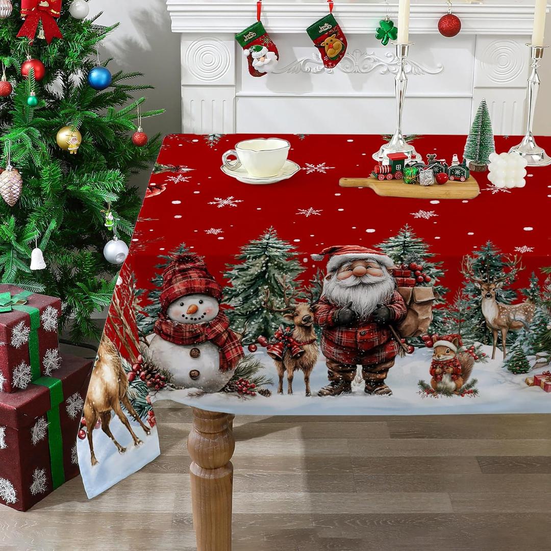 Christmas Tablecloth 60x84 Inches for Rectangle Tables - Snowman and Santa Red Christmas Decor - Water Resistant Xmas Table Cloth, Party Decorations for Kitchen, Home