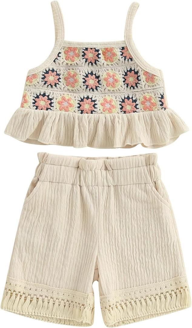 BemeyourBBs Toddler Girl Clothes Summer Baby Girl Embroidery Ruffle Tank Top Shrit Tassel Shorts Set 2 Piece Cute Boho Outfit (6-12 Months, Floral Apricot)