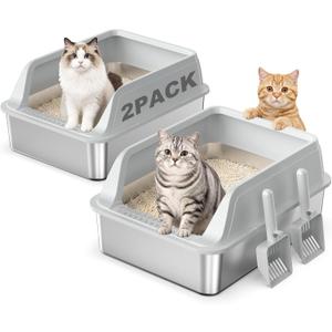 FURTIME Stainless Steel Cat Litter Box with Lid 2Pcs, Enclosed Litter Boxes