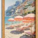 Framed Pink Umbrella Coastal Canvas Wall Art,Beach Scene Picture Wall Decor, 24"L x 16"W