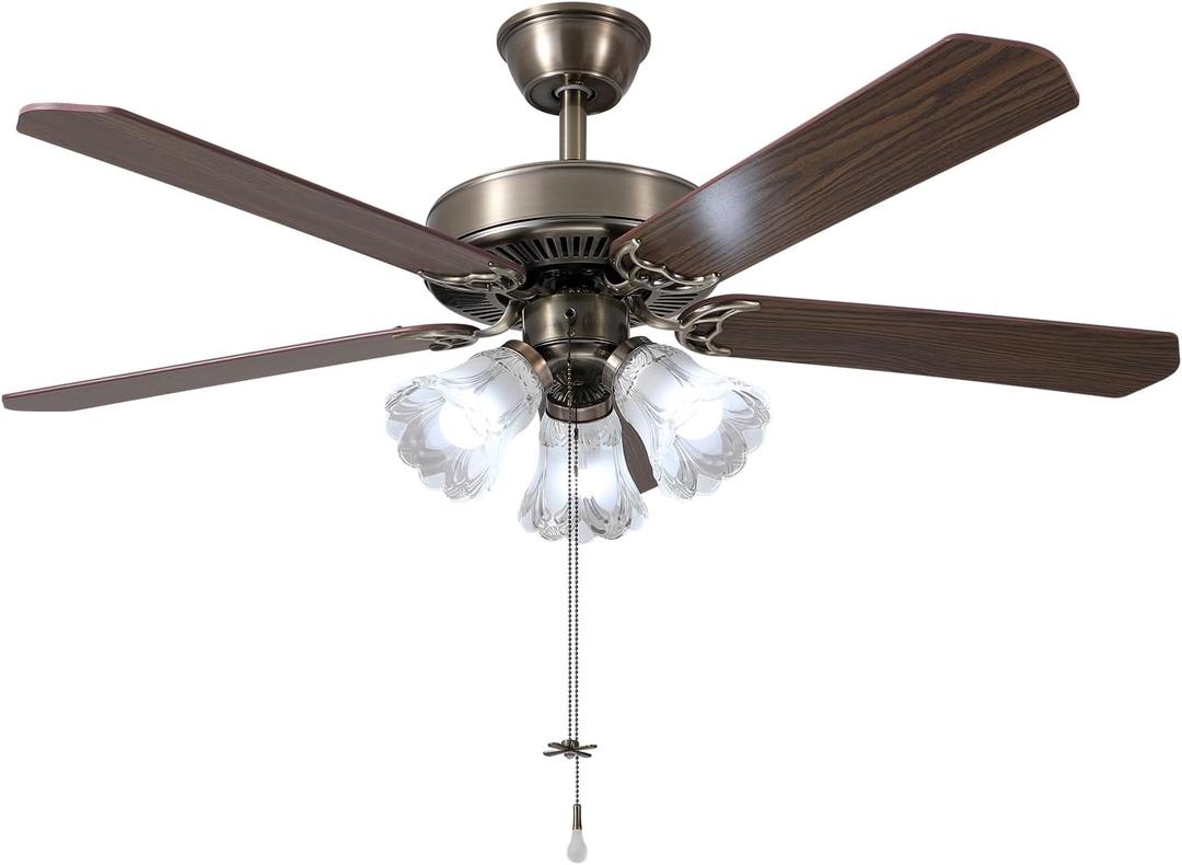 52 Inch Indoor Ceiling Fan with Pull-Chain and Three LED Light Bulbs Base, Traditional 3-Speeds Reversible Blades Ceiling Fan (Antique)