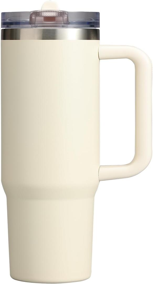 30 oz Tumbler with Handle | Flip Straw Lid | Leakproof Design | Stainless Steel Insulated Cup | Double-Wall Vacuum Insulation for Hot & Cold (Cream)