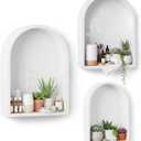 3 Set Wall Shelf 9.8 x 7.1 Inch Wooden Hanging Shelf Deep Display Storage Shelves Floating Shelves for Home Office Room Mini Figures Potted Plants Wall Decor(Arched,White)