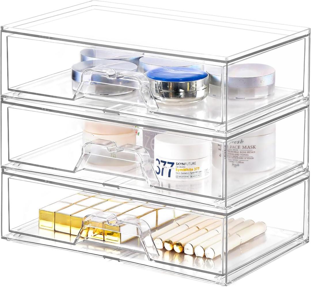 3 Pack Stackable Makeup Organizer, 12.1''L Acrylic Bathroom Organizer and Storage Undersink Drawer, Cosmetics and Beauty Supplies, Clear Plastic Storage Bins for Vanity, Pantry, Desk, Cabinet, Kitchen