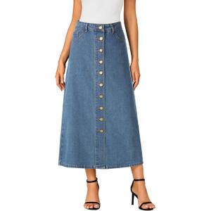 Vrtige Women's Casual Button Down High Waisted A Line Jean Midi Long Denim Skirt with Pockets Azure Small