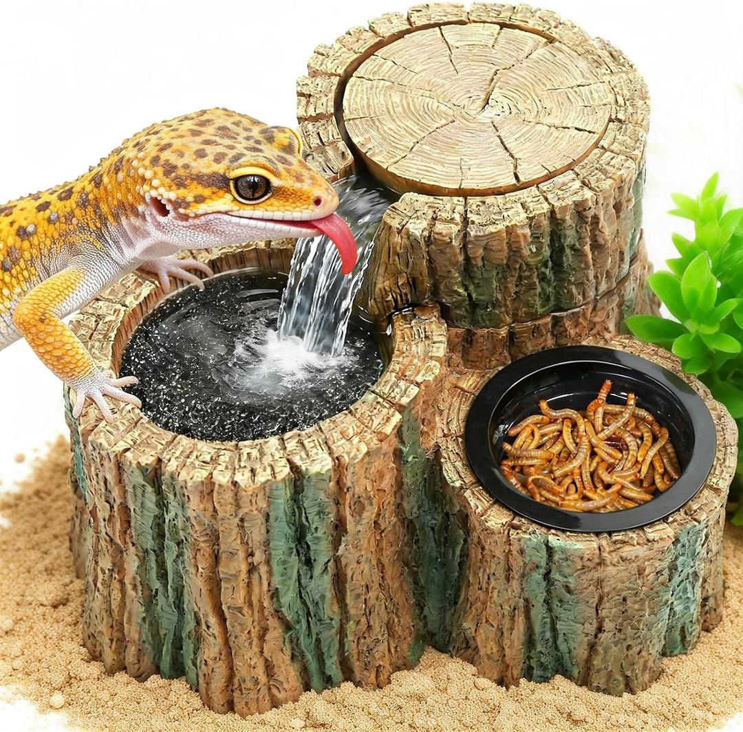 MIXJOY 2 in 1 Reptile Water Fountain with Food Dish 550ML, Reptile Waterfall Drinking Fountain with Adjustable Flow, Natural Resin, Reptile Water Dispenser for Bearded Dragon Gecko Lizard Chameleon