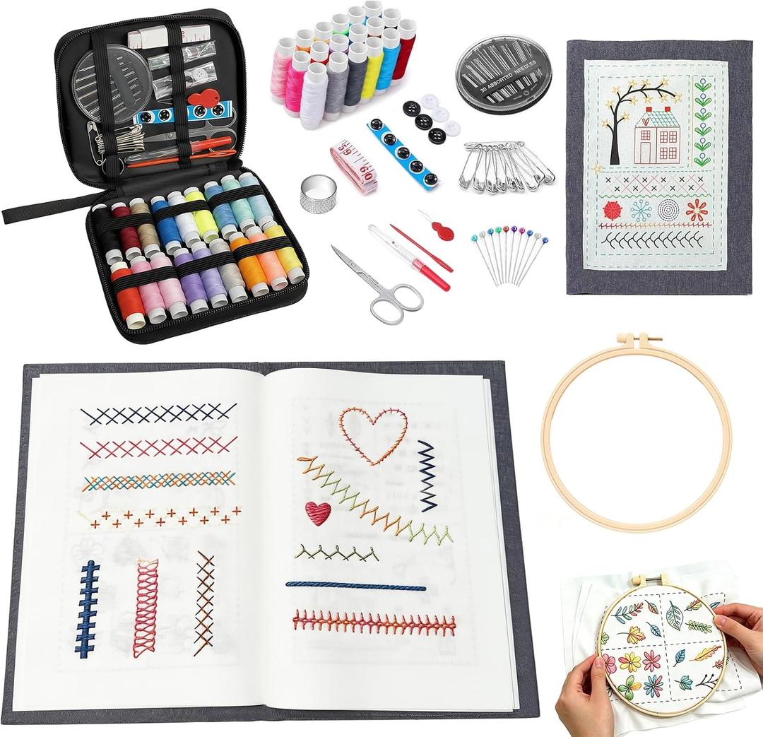 EVOCKAY 2026 New Embroidery Stitch Book Kit - Ideal Cross Stitch & Embroidery Kit for All Skill Levels - Beginner-Friendly Sewing Kit with Instructions & Embroidery Hoop