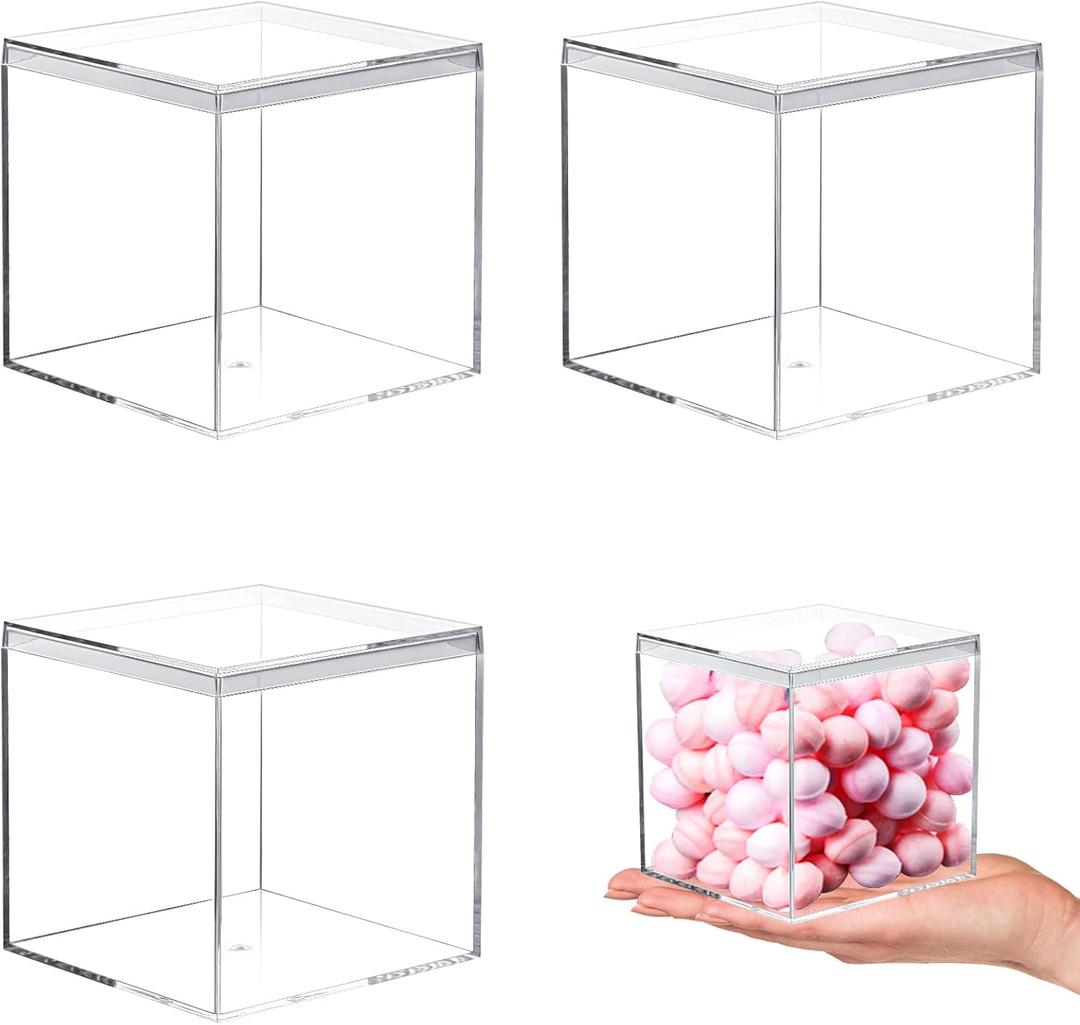 Kamehame Acrylic Boxes for Display 3 Pack Clear Plastic Square Cube, 3.3x3.3x3.3Inch/85x85x85mm Small Acrylic Box with Lid, Candy Pill and Tiny Jewelry Storage Boxes Organize Containers