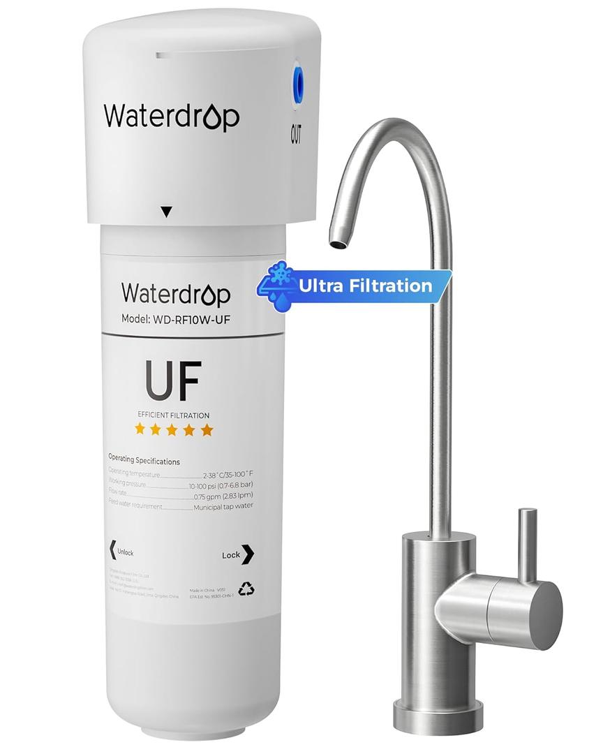 Waterdrop 10UBW-UF 0.01 m Ultra Filtration Under Sink Water Filter System, Reduces Lead, Chlorine, Bad Taste & Odor, with Dedicated Brushed Nickel Faucet, USA Tech