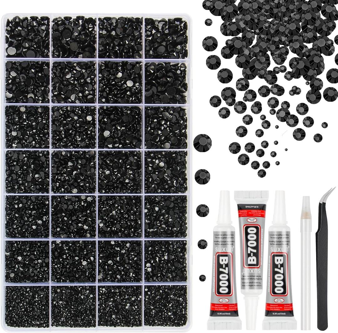 33000Pcs Black Resin Jelly Rhinestones for Bedazzling, 2-6mm Flatback Gems for Diamond Art, Bedazzler Kit with 3Pcs 10ml B7000 Jewelry Glue for Crafting Crafts Book Shoes Nail Art