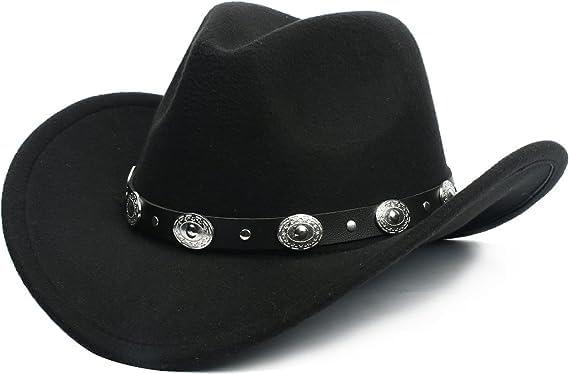 Western-Cowboy-Hat with Buckle for Kids,Boys Girls Wide-Brim Felt Cowgirl Hat Fedora Costume Accessory (4-8T) (4-8 Years, Black-Style2)