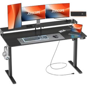 JOISCOPE 55 x 24 inch Adjustable Electric Standing Desk (3AC, USB, Type-C) with Monitor Shelf, 2 Memory Heights, Gaming Study Drafting 25 mm/s Sit Stand Desk for Home Office Bedroom,Black
