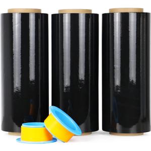 BOMEI PACK Black Stretch Wrap Industrial Strength with Plastic Handle 12" x 1000 Feet 80 Gauge 3-Pack, Black Shrink Wrap, Self-Adhering Black Plastic Wrap for Shipping, Moving