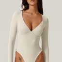 QINSEN Women's Long Sleeve Bodysuit V Neck Body Suits Seamed Cup Going Out Tops Shirt (Beige, L)