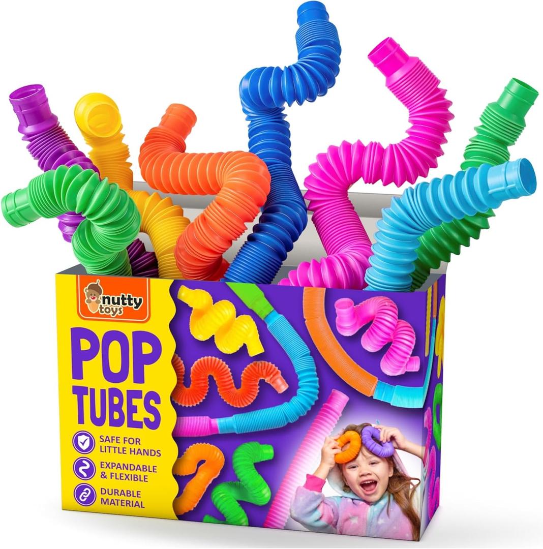Nutty Toys Pop Tubes - Large 8-Pack Sensory Toys - Creative STEM Learning for Kids & Toddlers - Connect & Pop! Top ADHD Autism Fidget 2026, Best Boy & Girl Valentines Day and Easter Basket Gifts Idea