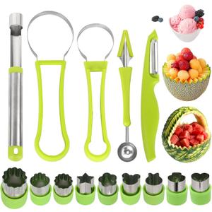 14 Pack Melon Baller Scoop Set - 4 in 1 Stainless Steel Fruit Tool Set Fruit Scooper Seed Remover with Fruit Vegetable Cutter Shapes Set Fruit Peeler for Fruit Slicer Dig Pulp Separator