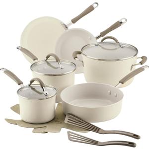 Rachael Ray Cucina Ceramic Nonstick Pots and Pans Set with Saucepans, Saute, Frying Pans, Stockpot, Lids, Pan Protectors, and Cooking Utensils, 13 Piece Non Stick Cookware Set - Almond