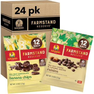 Sun-Maid Farmstand Reserve 24 Count Variety Pack - 0.8 oz Snack Bag – (12) Sea Salt Cocoa & Caramel Dusted Raisins + (12) Sea Salt Chocolate Coated Banana Chips, Best By 13Nov2025 Sun-Maid Farmstand Reserve 24 Count Variety Pack - 0.8 oz Snack Bag – (12) Sea Salt Cocoa & Caramel Dusted Raisins + (12) Sea Salt Chocolate Coated Banana Chips, Best By 13Nov2025