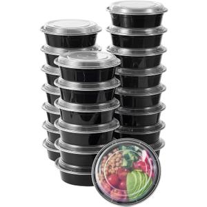 FULING 24 oz 50 ct Round Meal Prep Food Storage Containers with Lids To Go Plastic Lunch Plan Box Disposable Take Out Bowls Black BPA Free Reusable Durable Stackable Microwave Freezer Dishwasher Safe