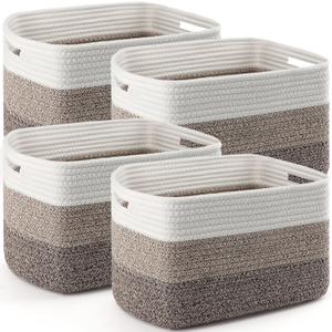 4 Pack Storage Baskets for Organizing, 12''Lx9''Wx8''H Woven Baskets for Storage Toys, Towels, Books, and Clothes, Cotton Rope Basket for Shelves with Handle White & Brown