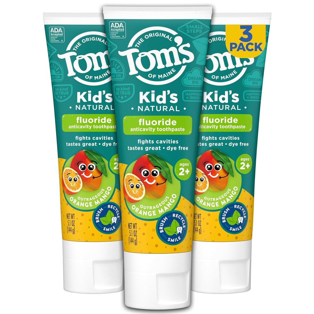 Tom's of Maine Kids Natural Toothpaste with Fluoride for Ages 2+, Outrageous Orange Mango, 5.1 ounces (3 Pack)