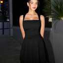 GOKATOSAU Women's Square Neck Sleeveless Bodycon Ruched Waist Flowy A-Line Ruffle Hem Mini Dress Black (Black, M)