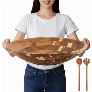Geiserailie Extra Large 18 Inch Acacia Wood Salad Bowl Set Wooden Serving with Serving Utensils Oversized All Purpose Bowl for Fruits Salad Kitchen for Housewarming Wedding Table Display Gift