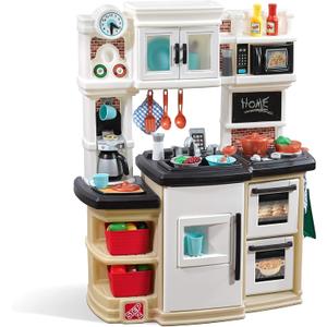 Step2 Great Gourmet Kids Kitchen Playset, Indoor/Outdoor Kitchenette, Interactive Play with Lights and Sounds, Made of Durable Plastic, Includes 33 Piece Toy Accessories, Toddlers 3+ Years Old, Tan