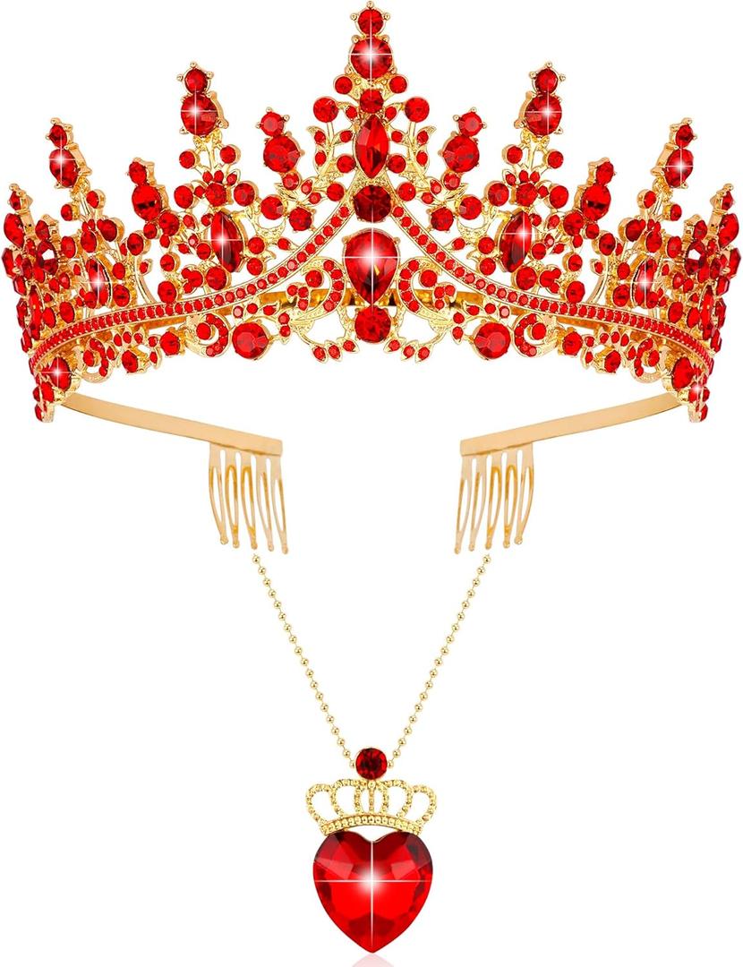 TOBATOBA Queen of Hearts Crown and Necklace Set Queen of Hearts Costume Women Accessories Princess Crown Descendant 4 Red Tiara for Women Halloween Cosplay Prom Party
