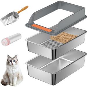 Stainless Steel Sifting Litter Box with Lid, Medium Sifting Cat Litter Box for Pine Pellets & Big Cats,Metal Pellet Sifter Litter Pan System for Odor Control,Sifting Box Liners & Scoop 
