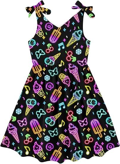 Enlifety 5T 6T Girls Neon Dress for Glow Party Sleeveless Ice Cream Summer Dresses Bowknot Strap Twirl Sundress (Neon Ice Cream)