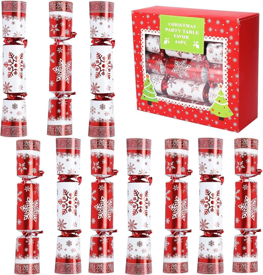 10 Pack 10" Christmas Non-Snap Table Favors, Luxurious Red & White Snowflake Design With Party Hat, Joke & Xmas Gift for Kids Christmas Parties, Dinners and Holidays