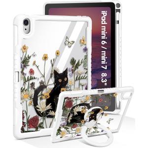 for iPad mini 7 A17 Pro 2024/Mini 6 2021 Case 8.3 Inch - Women Cute Girls with Stand & Pencil Holder Cover Kawaii Black Cat Girly Design Protective Hard Funda for iPad mini 7th/6th Gen