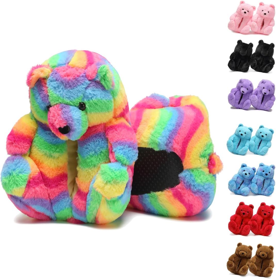 Cute Women's Cozy Fluffy Teddy Bear Slippers,Rainbow Fuzzy Inoor House Shoes with Animal Bear Design,Funny Christmas Birthday Gifts for Women Mom Teee Girls Men