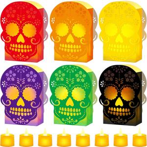 24 Sets Halloween Day of The Dead Luminary Bags with LED Tea Lights Dia De Los Muertos Black Day of The Dead Mexican Fiesta Paper Candle Holder Bags Halloween Mexican Party Favors Decorations Supplies