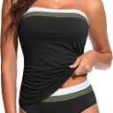 Daci Bandeau Tankini Swimsuits for Women - Two Piece Ruched Tummy Control Bathing Suit Strapless Swimwear with Bottom (Large, Green Color Block)