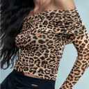 WDIRARA Women's Mesh Leopard Print Long Sleeve Off Shoulder Crop Top Slim Fit Casual Tee Shirt (Brown, L)