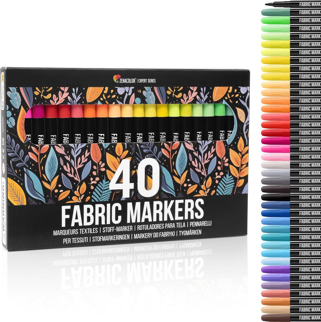Zenacolor 40 Fabric Markers Pens Set - Non Toxic, Indelible and Permanent Fabric Paint - Fine Point Tip Textile Marker Pen
