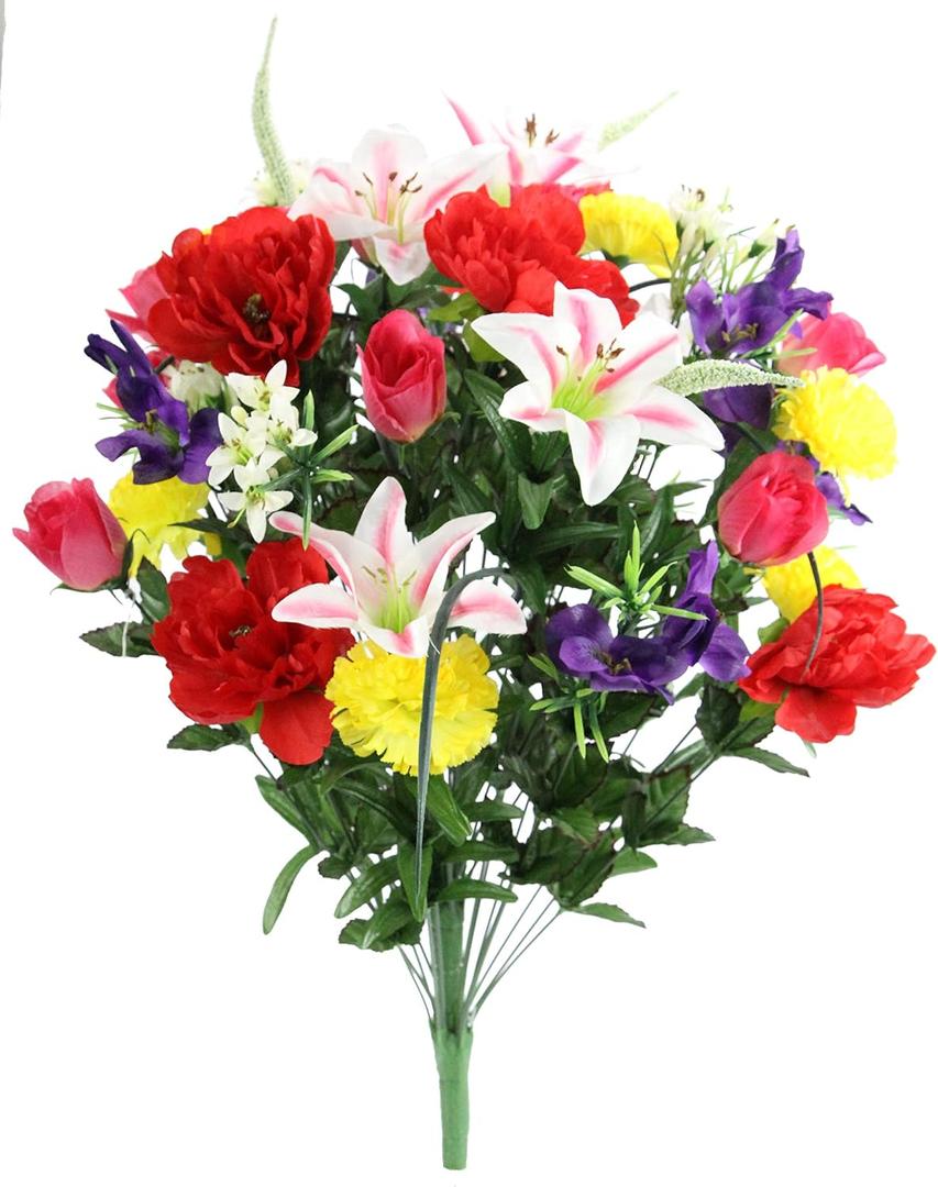 Admired By Nature 40 Stem Artificial Flowers Roses Lily Peony Mixed Bush Spring Faux Flower Arrangement for Outdoor & Indoor Wedding Home Decor, Cemetery Decorations for Grave, Spring