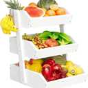 Bamboo 3 Tier Fruit Basket For Counter, Large Capacity Fruit Storage Countertop, Fruit Holder, Wooden Pantry Organizers and Storage, Kitchen Countertop Organizer With 2 Banana Hangers (White)
