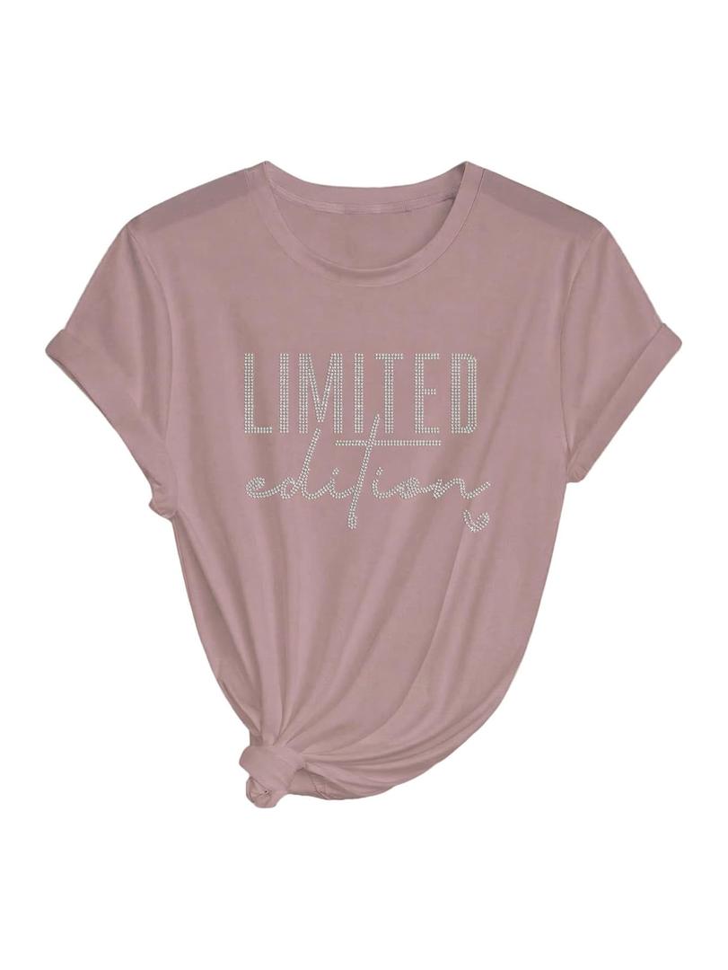 SweatyRocks Women's Plus Size Bling Rhinestone T Shirts Short Sleeve Crew Neck Y2K Tops Dusty Pink X-Large Plus (Pink, XL)