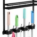 Broom Holder Over The Door Over Door Broom and Mop Rack Over The Door Hooks Organizer With4 Slots & 3 Hooks 1 Storage Basket For Laundry Room, Garage, Closet, Kitchen Decor (black)