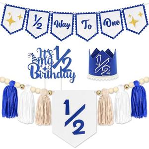 1/2 Birthday Blue Half Birthday Decorations - Blue Star It's My 1/2 Birth Banner, Glitter Cake Topper Tassel Wood Bead High Chair Banner & Crown, Hat Halfway to One Boy Girl Party Supplies