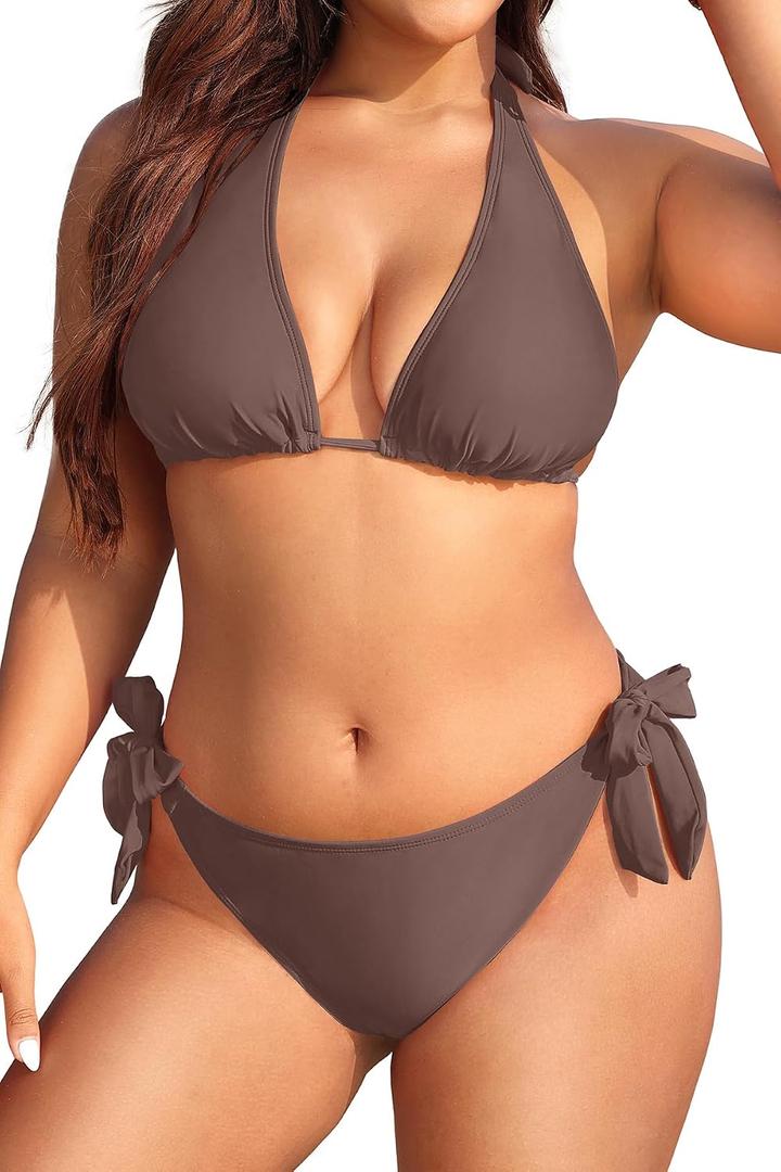 Women Plus Size Bikini Set Two Piece Sexy Swimsuit Tie Side Halter Bathing Suits (Brown, L)